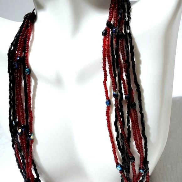 Black Red Seed Bead Necklace 8 Multi Strand Festival Classic - Picture 4 of 8